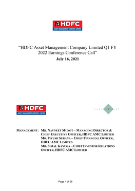 “HDFC Asset Management Company Limited Q1 FY 2022 Earnings Conference Call” July 16, 2021