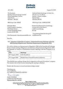 Ambuja Cement ACL:SEC: August 23, 2018