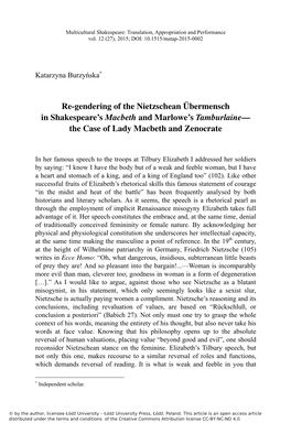 Re-Gendering of the Nietzschean Übermensch in Shakespeare’S Macbeth and Marlowe’S Tamburlaine— the Case of Lady Macbeth and Zenocrate