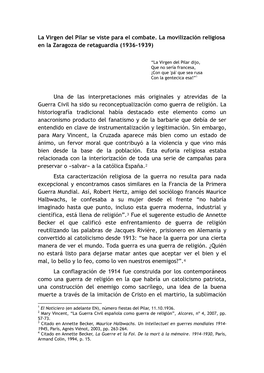 La Virgen Del Pilar Se Viste Para El Combate. La Movilización Religiosa En La Zaragoza De Retaguardia (1936-1939)