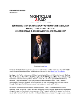 Jon Taffer, Star of Paramount Network's Hit Series, Bar Rescue, to Deliver