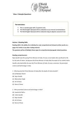 Class- 3 Sample Questions