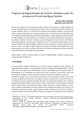 Programa De Regionalização Do Turismo: Reflexões a Partir Do Processo No Circuito Das Águas Paulista