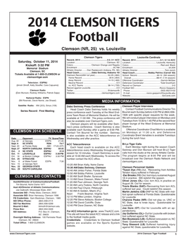 2014 CLEMSON TIGERS Football Clemson (NR, 25) Vs