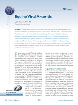Equine Viral Arteritis (EVA) Is a Reportable, Highly Contagious Disease Associated with Sporadic Outbreaks of Acute Respiratory Disease and Abortion in Horses