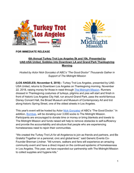 FOR IMMEDIATE RELEASE 6Th Annual Turkey Trot Los Angeles 5K