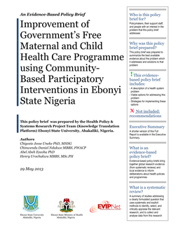 Improvement of Government's Free Maternal and Child Health Care