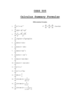 CSSS 505 Calculus Summary Formulas