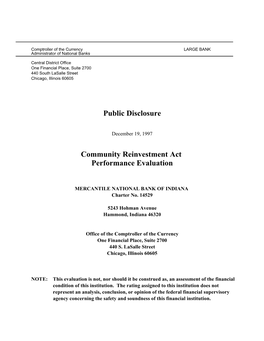 Public Disclosure Community Reinvestment Act Performance