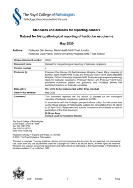 G046 Dataset for the Histopathological Reporting of Testicular Neoplasms