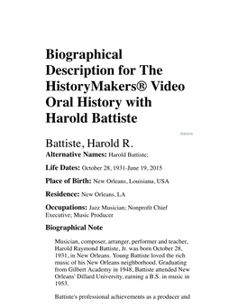 Biographical Description for the Historymakers® Video Oral History with Harold Battiste