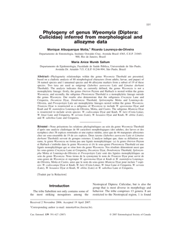 Phylogeny of Genus Wyeomyia (Diptera:Culicidae) Inferred from Morphological and Allozyme Data