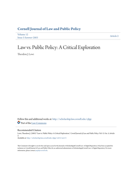 Law Vs. Public Policy: a Critical Exploration Theodore J