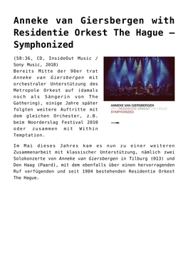 Anneke Van Giersbergen with Residentie Orkest the Hague – Symphonized