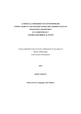 A Critical Comparison of Contemporary Coptic, Korean and Western Scholarly Perspectives on Singleness and Divorce in 1 Corinthians 7 and Related Biblical Texts