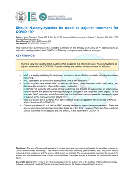 Should N-Acetylcysteine Be Used As Adjunct Treatment for COVID-19?