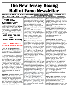 N.J. Boxing Hall of Fame Newsletter October 2019