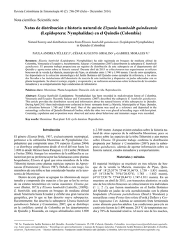 Notas De Distribución E Historia Natural De Elzunia Humboldt Quinduensis (Lepidoptera: Nymphalidae) En El Quindío (Colombia)