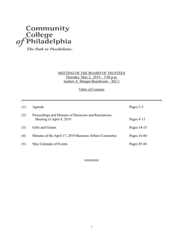 MEETING of the BOARD of TRUSTEES Thursday, May 2, 2019 – 3:00 P.M