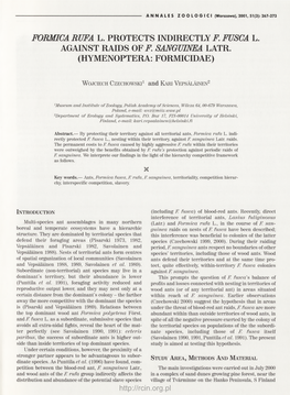 Formica Rufa L. Protects Indirectly F. Fusca L. Against Raids of F