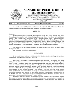 Senado De Puerto Rico Diario De Sesiones Procedimientos Y Debates De La Decimoquinta Asamblea Legislativa Quinta Sesion Ordinaria Año 2007 Vol
