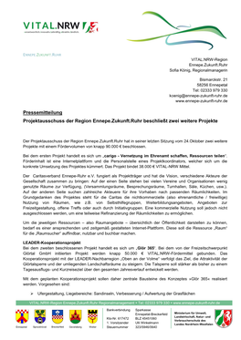 Pressemitteilung Projektausschuss Der Region Ennepe.Zukunft.Ruhr Beschließt Zwei Weitere Projekte