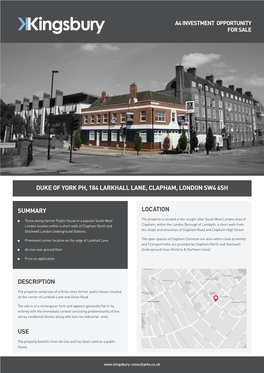 Duke of York Ph, 184 Larkhall Lane, Clapham, London Sw4 6Sh Summary