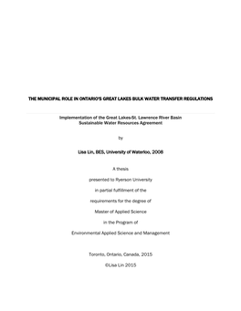 The Municipal Role in Ontario's Great Lakes Bulk Water Transfer Regulations