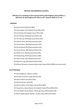 British Hallmarking Council: Meeting Minutes, 18 January 2018