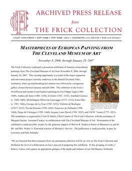 Archived Press Release the Frick Collection