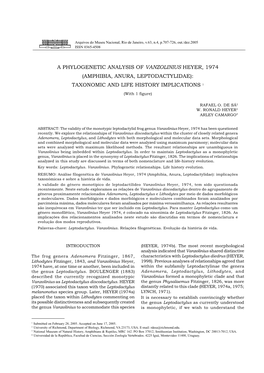 A Phylogenetic Analysis of Vanzolinius Heyer, 1974 (Amphibia, Anura, Leptodactylidae): Taxonomic and Life History Implications 1