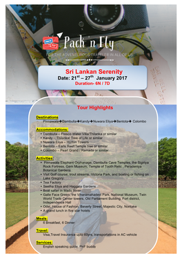 Sri Lankan Serenity Date: 21St – 27Th January 2017 Duration- 6N / 7D