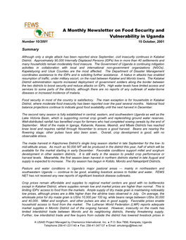 A Monthly Newsletter on Food Security and Vulnerability in Uganda Number 10/2001 15 October, 2001