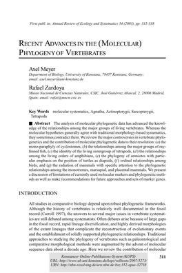 Recent Advances in the (Molecular) Phylogeny of Vertebrates