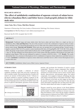 The Effect of Antidiabetic Combination of Aqueous Extracts of Salam Leaves (Stevia Rebaudiana Bert.) and Bitter Leaves (Andrographis Folium) in White Male Mice