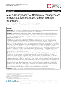 Platyhelminthes: Monogenea) from Catfishes (Siluriformes) Carlos a Mendoza-Palmero1*, Isabel Blasco-Costa2,3 and Tomáš Scholz1