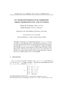 On Some Pentadiagonal Matrices: Their Determinants and Inverses