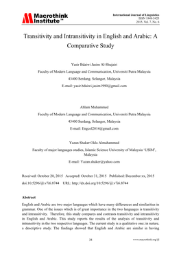 Transitivity and Intransitivity in English and Arabic: a Comparative Study