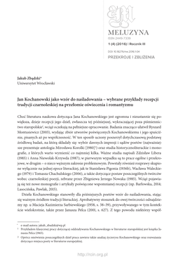 Jan Kochanowski Jako Wzór Do Naśladowania – Wybrane Przykłady Recepcji Tradycji Czarnoleskiej Na Przełomie Oświecenia I Romantyzmu