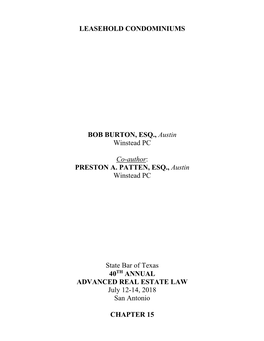 LEASEHOLD CONDOMINIUMS BOB BURTON, ESQ., Austin Winstead PC Co-Author