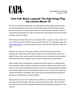 Irish Folk Music Legends the High Kings Play the Lincoln March 16