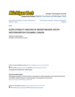 SLOPE STABILITY ANALYSIS of MOUNT MEAGER, SOUTH-WESTERN BRITISH COLUMBIA, CANADA