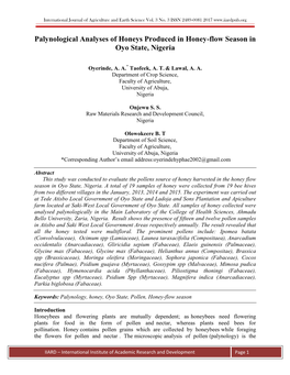 Palynological Analyses of Honeys Produced in Honey-Flow Season in Oyo State, Nigeria