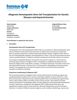 Allogeneic Hematopoietic Stem-Cell Transplantation for Genetic Diseases and Acquired Anemias