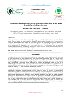 Morphometric and Meristic Study of Amblypharyngodon Mola (Ham- Buch) from Different Habitats of Assam
