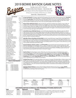 2019 BOWIE BAYSOX GAME NOTES Tuesday, June 4, 2019 - 6:35 P.M