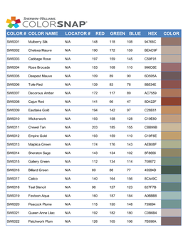 Color # Color Name Locator # Red Green Blue Hex Color
