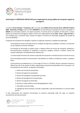 Autorização N.º IM2353162 CIM DO AVE Para a Exploração De Serviço Público De Transporte Regular De Passageiros