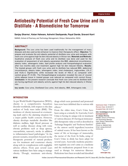 Antiobesity Potential of Fresh Cow Urine and Its Distillate - a Biomedicine for Tomorrow