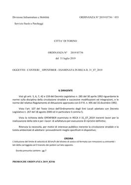 Divisione Infrastrutture E Mobilità ORDINANZA N° 2019 83736 / 033